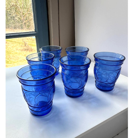 Vintage Hazel Atlas Ring O Rings Cobalt Blue Shot Juice Cordial Glasses Tumblers - Picture 2 of 12